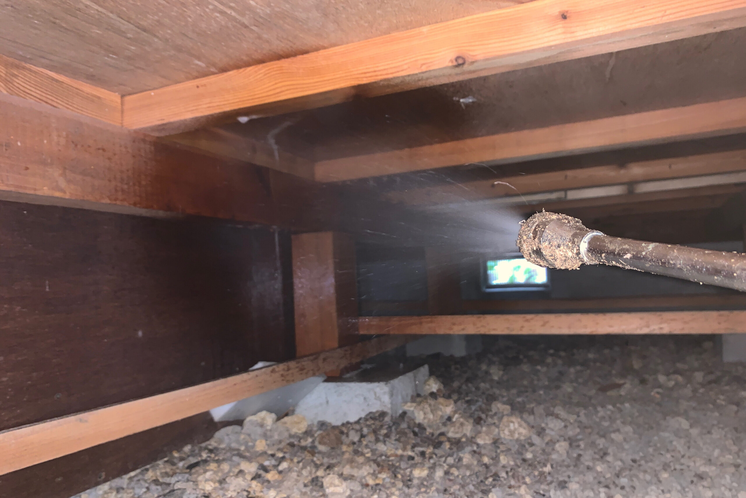 床下の木部へシロアリ駆除薬剤エディクラを丁寧に散布している施工の様子