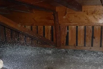 シロアリの侵入経路となる束柱に薬剤散布