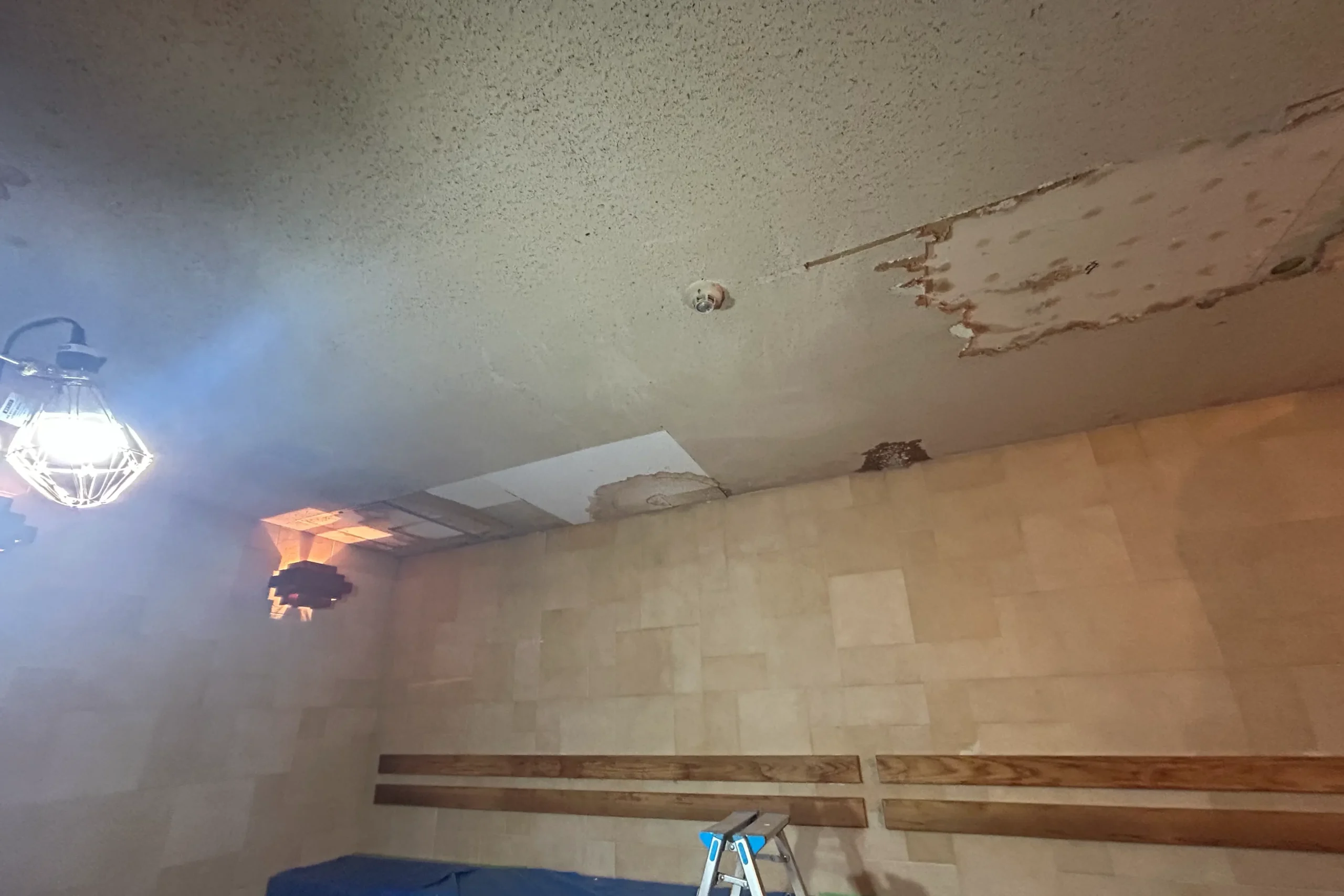 劣化により剥がれや腐食が見られるサウナ室の天井。