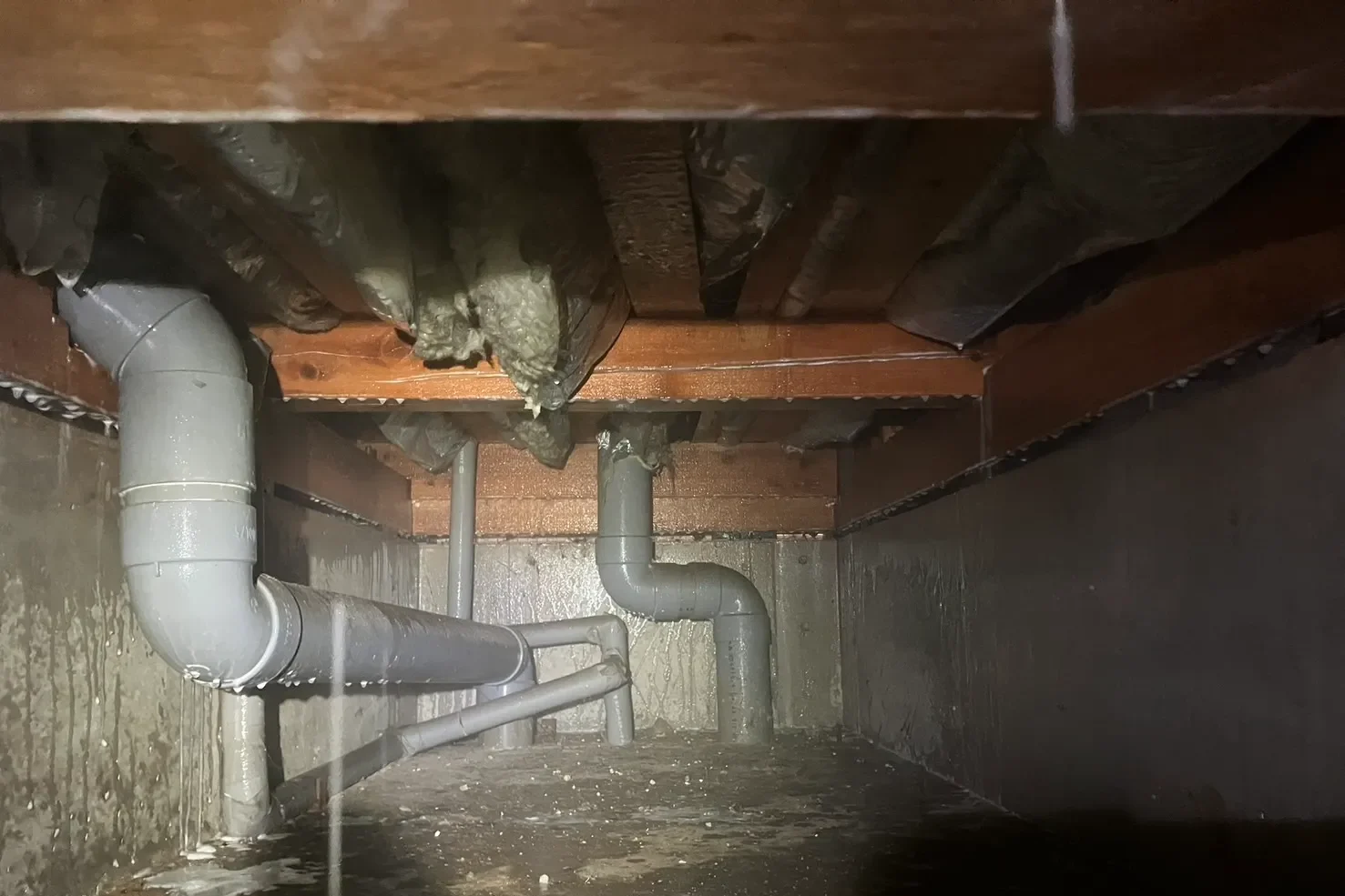 薬剤散布完了後の床下。基礎壁面と配管周りへの徹底したバリア処理。