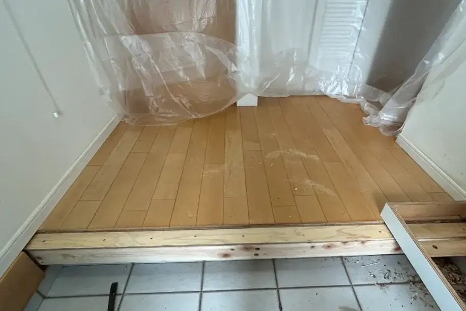 シロアリ被害に遭った玄関土台と框交換作業中の写真