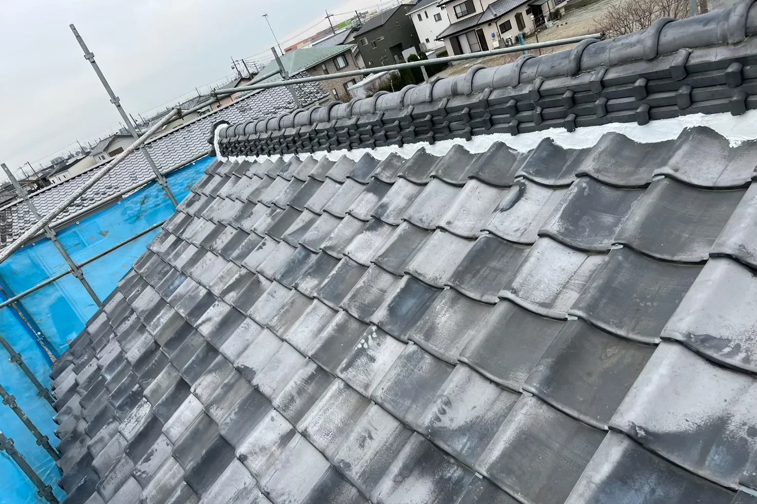 瓦自体は経年劣化で白く色あせ、表面が乾燥した状態