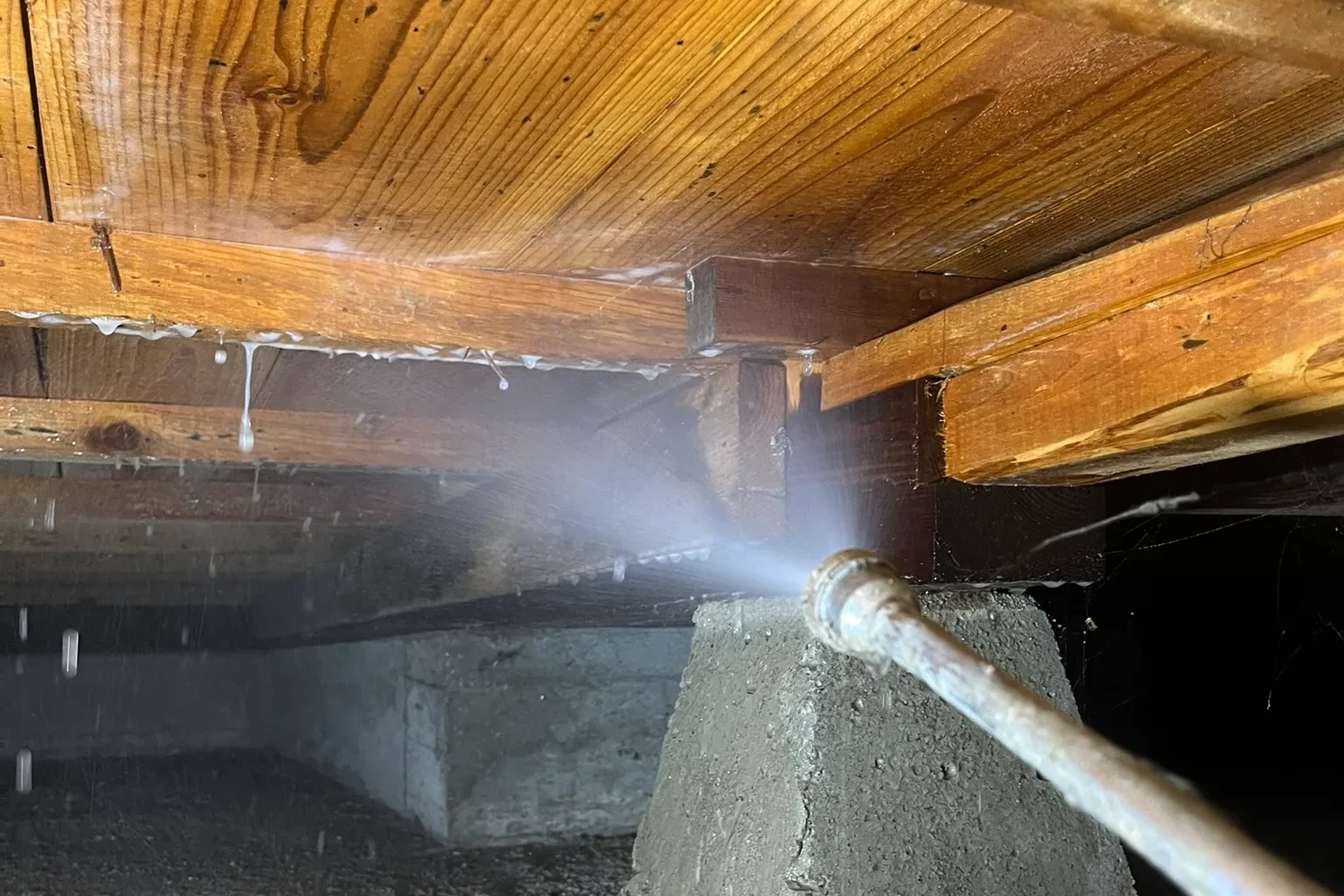 床下の土台や木材の接合部にシロアリ駆除剤を丁寧に散布している様子