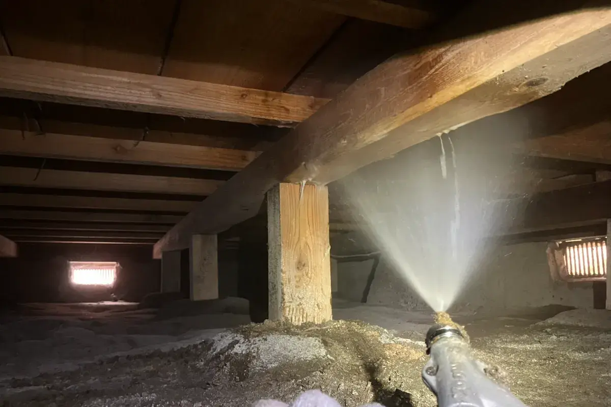 大阪府吹田市の築40年住宅の床下で、木部へシロアリ予防薬剤を散布している様子