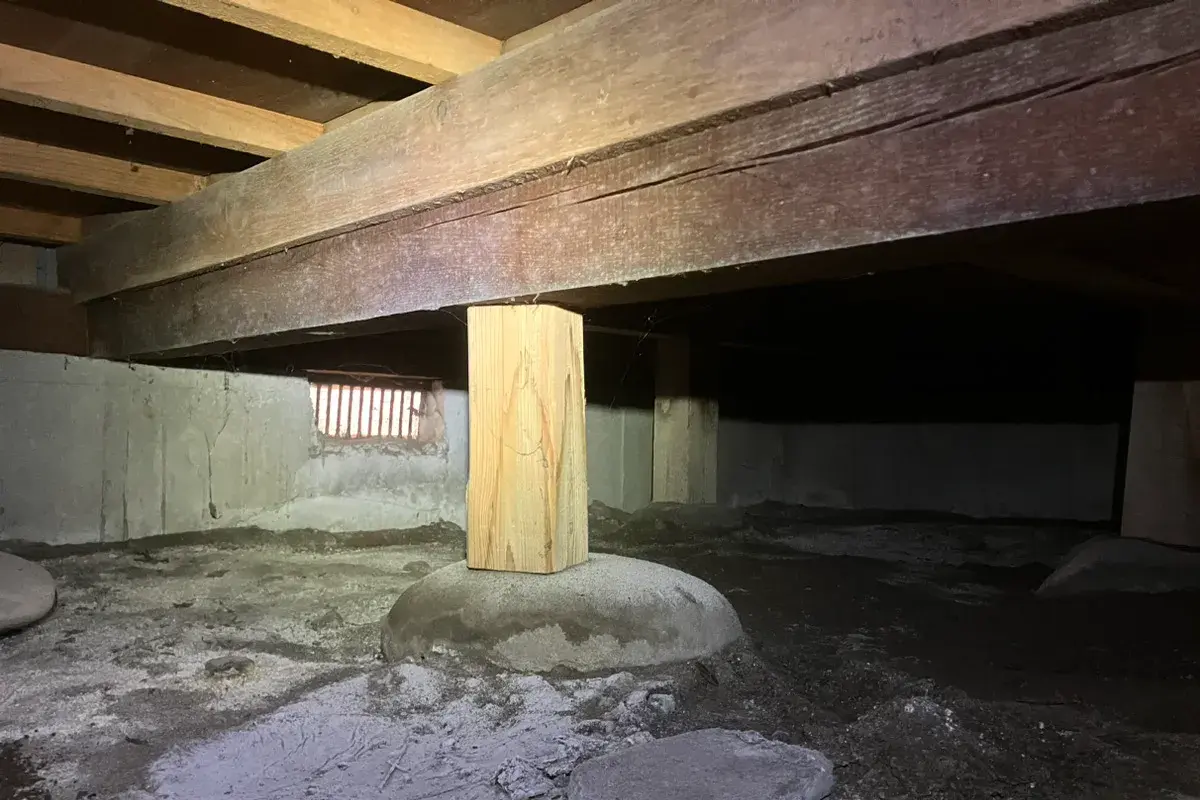 シロアリ予防施工前の床下の様子。木材や基礎に異常がないか点検中