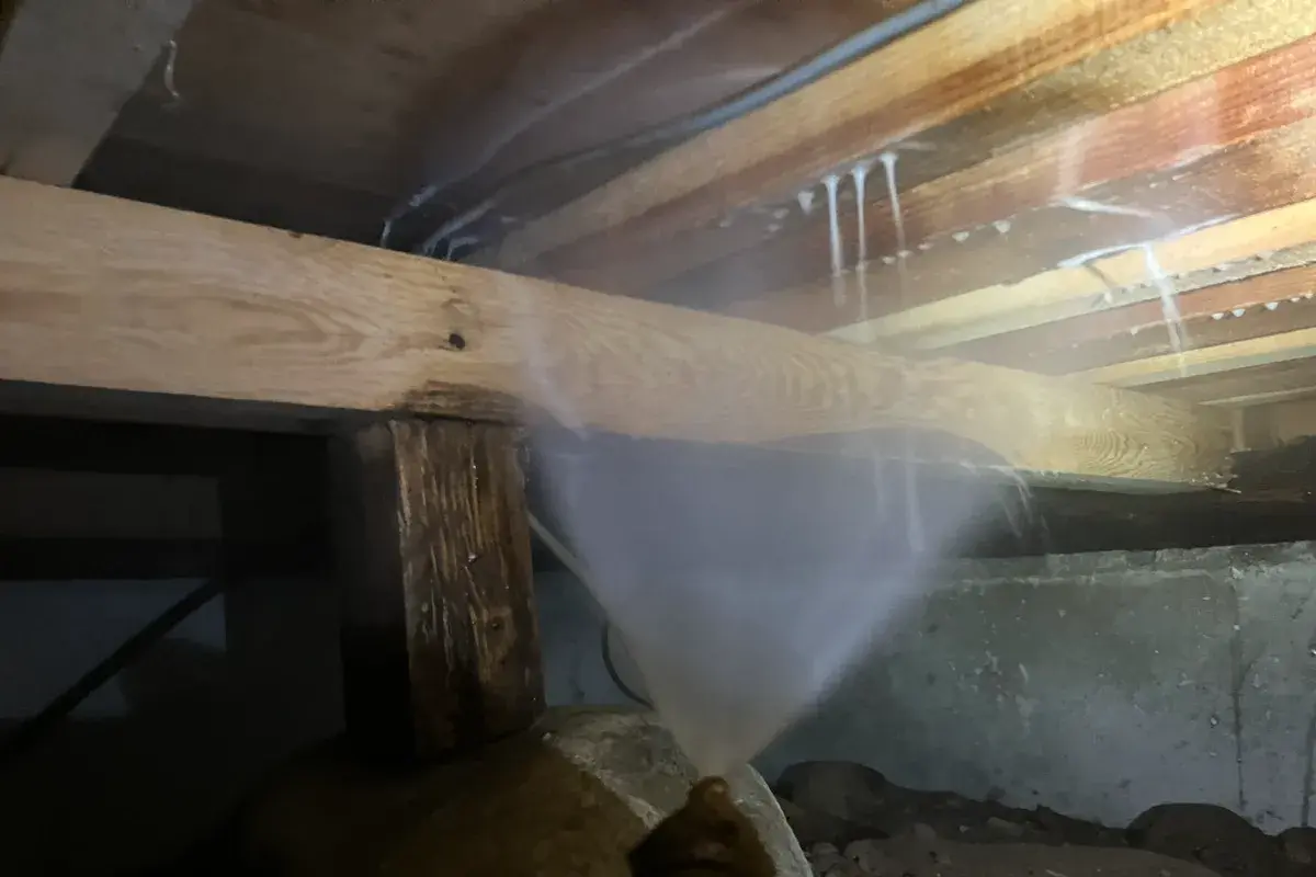 床下の木部に再発防止用の薬剤を処理している施工中の様子