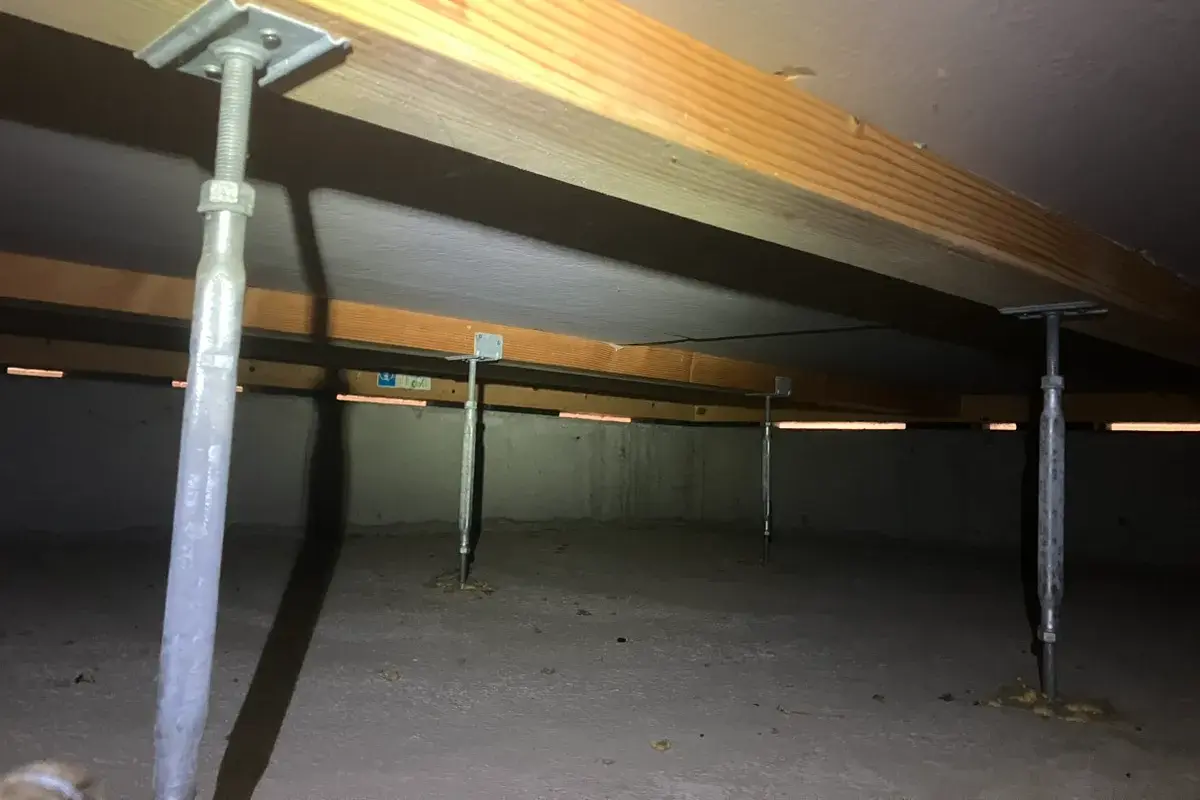 床下の状態を確認し、見た目だけでは分からない劣化や湿気を調査している様子