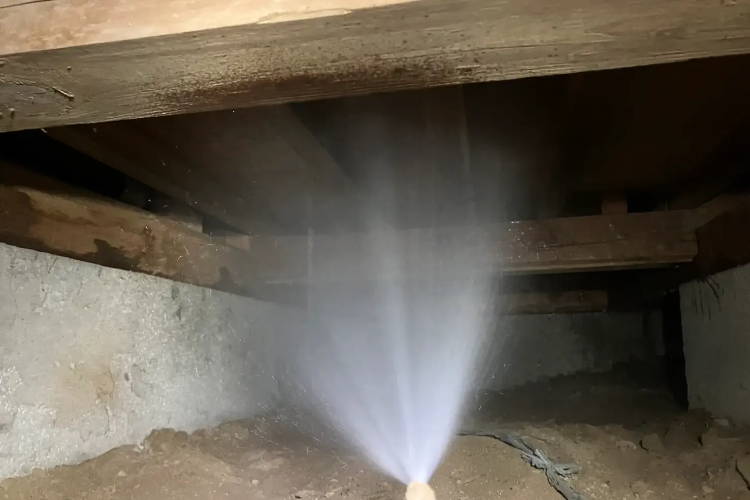 プロの専門スタッフによる予防消毒作業中。薬剤が土壌面と基礎構造材に向けて均一に噴霧されている様子