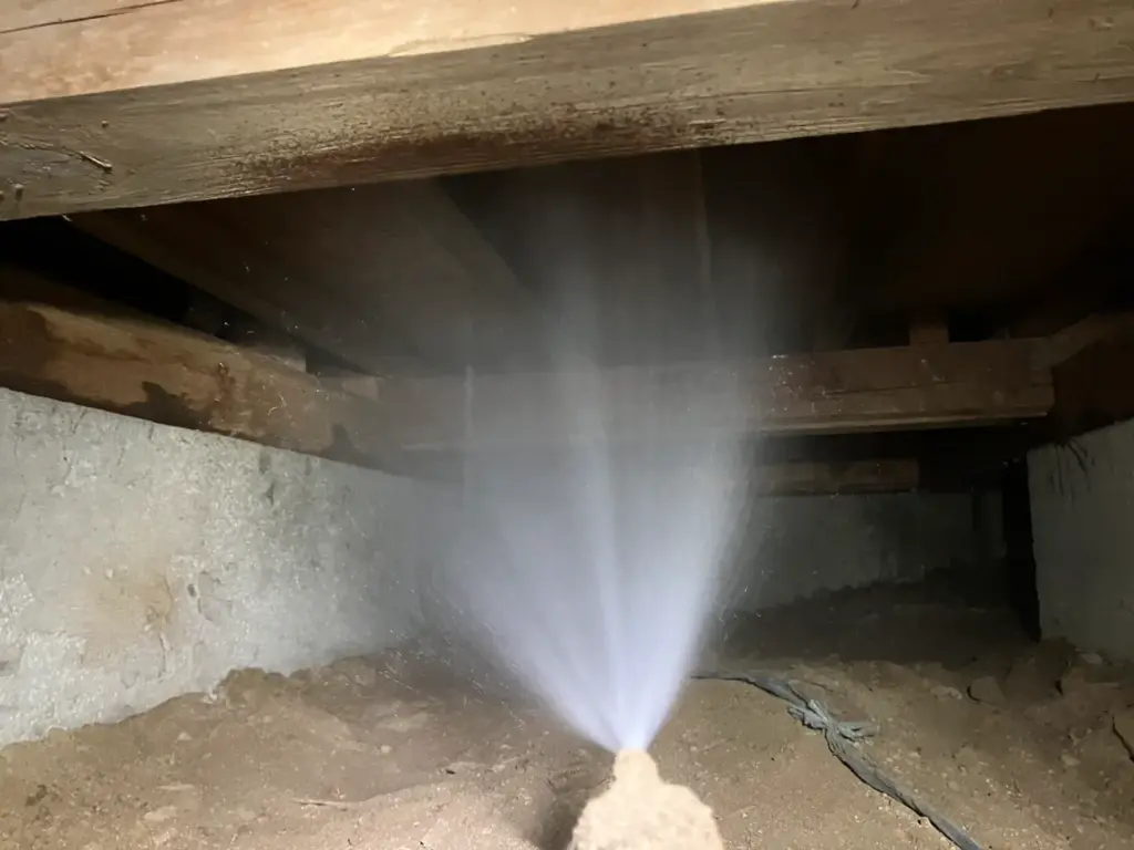 プロの専門スタッフによる予防消毒作業中。薬剤が土壌面と基礎構造材に向けて均一に噴霧されている様子