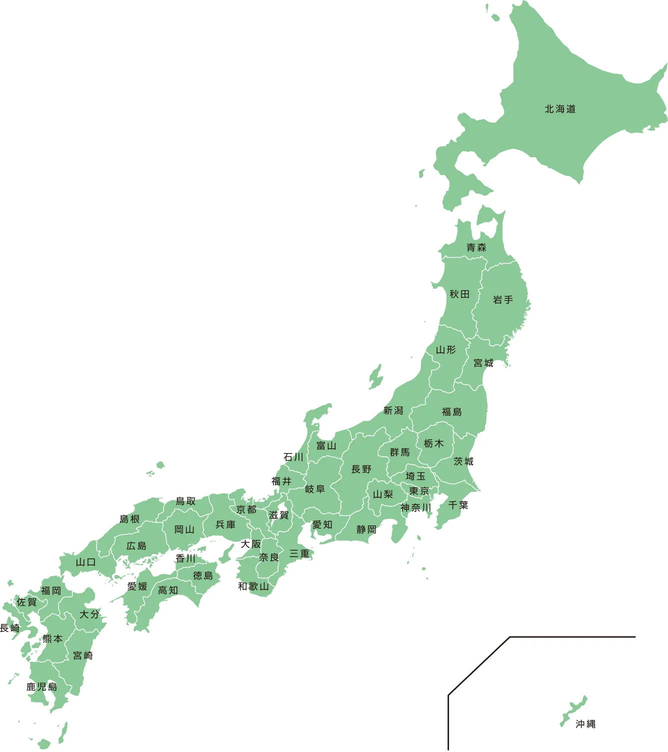 全国の対応エリアを記した日本地図