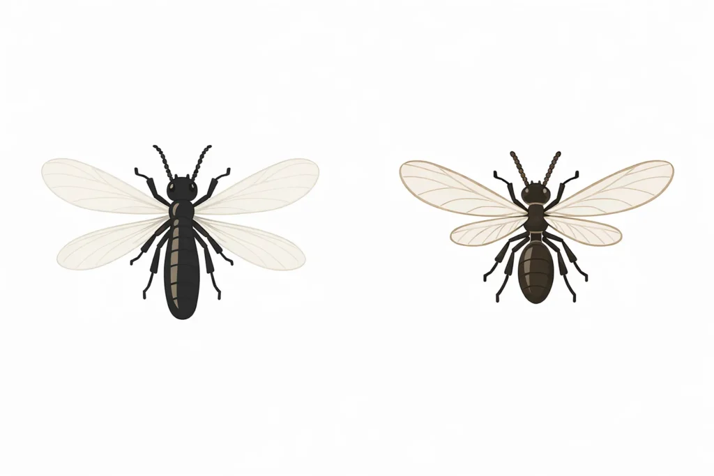 シロアリの羽アリとクロアリの羽アリの違いを示すイラスト