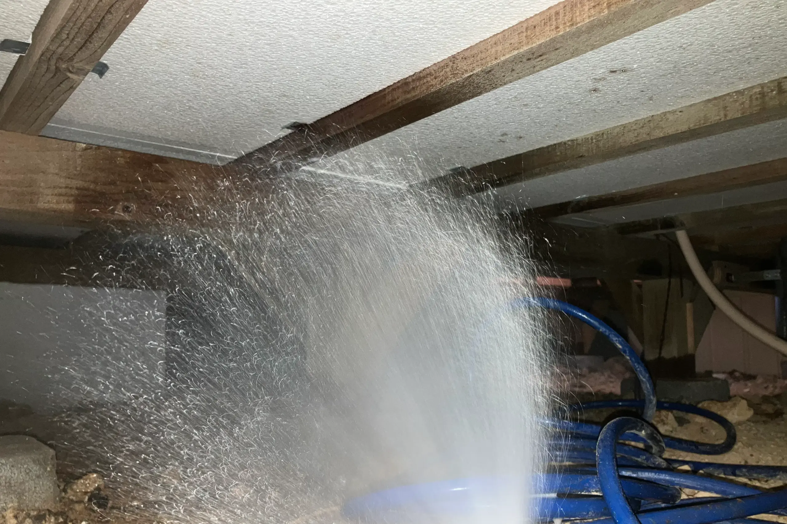 平屋の広い床下で、ロングホースを使ってシロアリ予防薬剤を隅々まで散布している様子